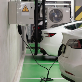 Electric vehicle charging in a parking garage, with white cars plugged into a wall-mounted charger.