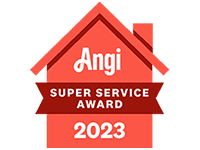 Angi Super Service Award 2023 red house-shaped badge logo