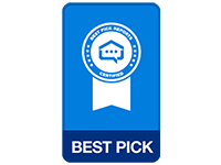 Blue “Best Pick” award badge with a white ribbon and circular house logo
