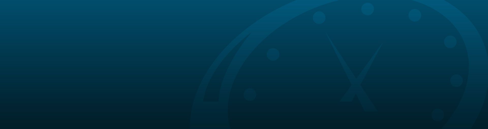 Abstract blue banner with faint clock face and a stylized X in the background