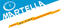 Martella Electric logo with blue clock icon and red italic text on white background
