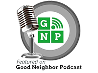 Good Neighbor Podcast logo with retro microphone and green GNP icons on gray circle background