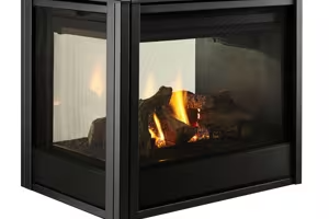 Corner glass fireplace with a burning fire inside