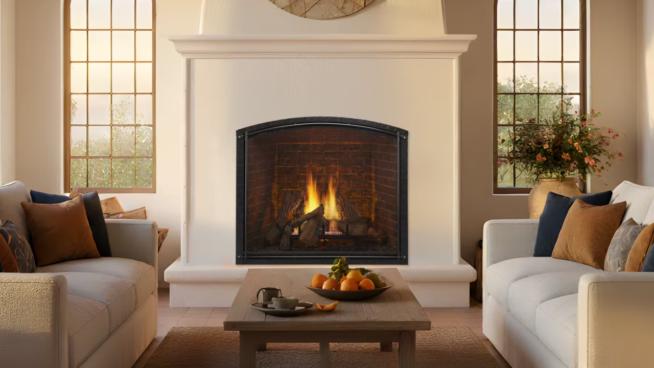 Cozy living room with fireplace, beige sofas, and coffee table with fruit centerpiece.