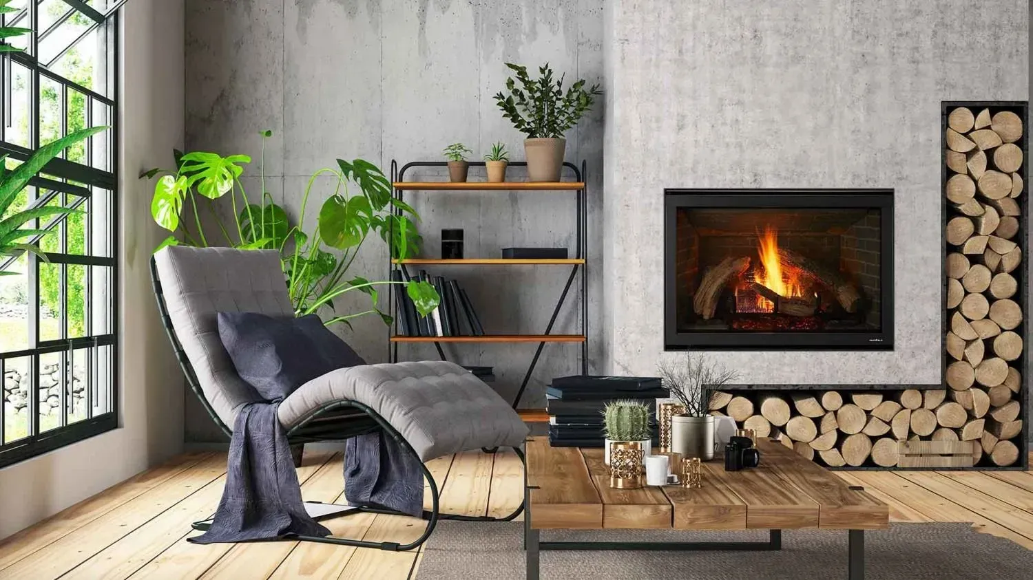 Cozy modern living room with fireplace, lounge chair, wooden table, plants, and stacked firewood.