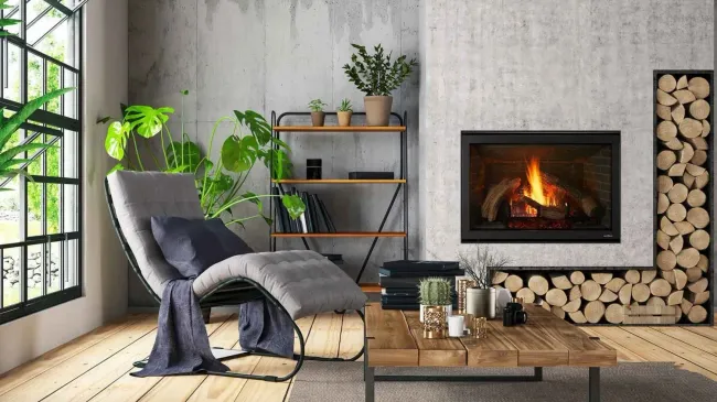 Cozy modern living room with fireplace, lounge chair, wooden table, plants, and stacked firewood.