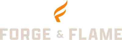 Forge & Flame logo with orange flame icon above gray text on a white background