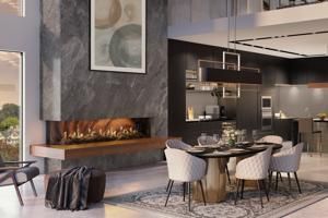 Modern living room with a sleek fireplace, dining table, and large windows overlooking greenery