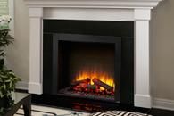 Modern white fireplace with a glowing electric fire in a black surround