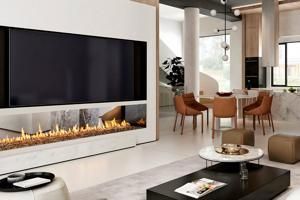 Modern living room with a large wall-mounted TV, linear fireplace, and neutral-toned seating area