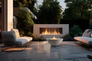 Modern patio with lounge chairs and a glowing fire pit before a stone fireplace at dusk