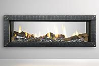 Modern wall-mounted electric fireplace with black frame and glowing flames