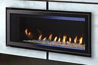 Modern wall-mounted electric fireplace with black frame and visible flames