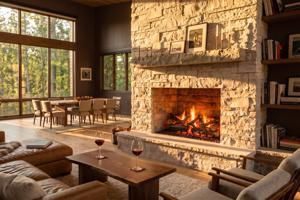 Cozy living room with stone fireplace, leather seating, and dining area by large windows