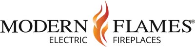 Modern Flames Electric Fireplaces logo with black text and an orange flame icon between the words