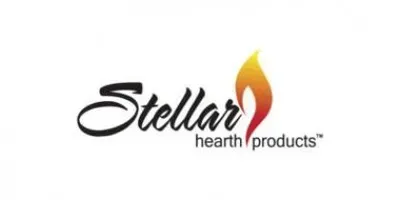 Stellar Hearth Products logo in black script with a yellow-orange flame icon.