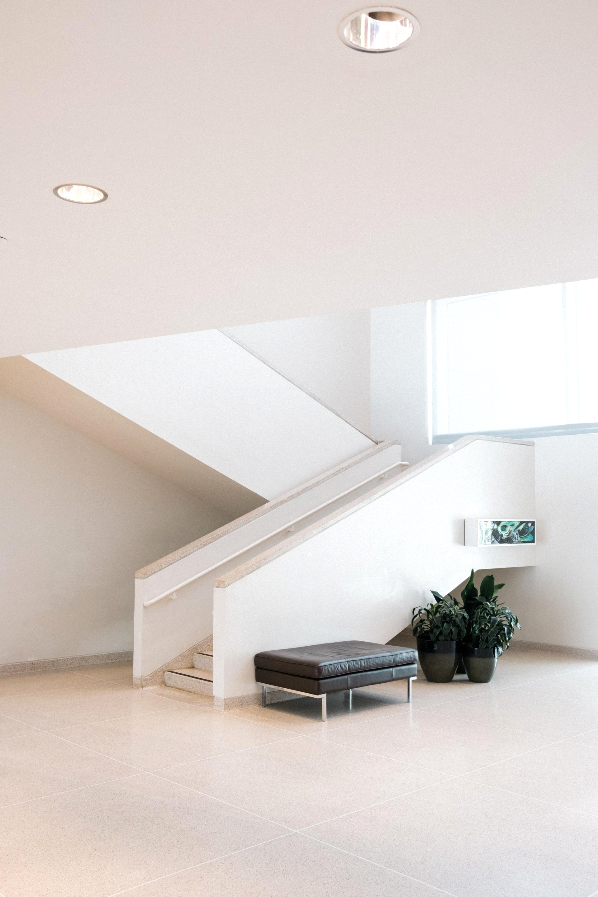 white commercial stair case