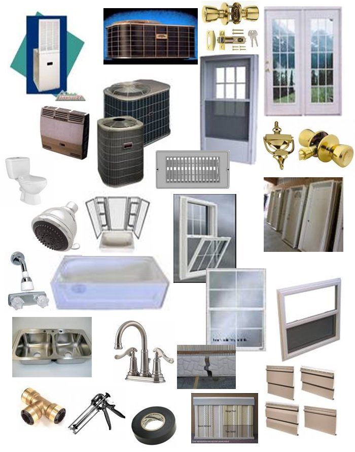 Various home improvement items, including HVAC, doors, windows, plumbing fixtures, and other hardware.