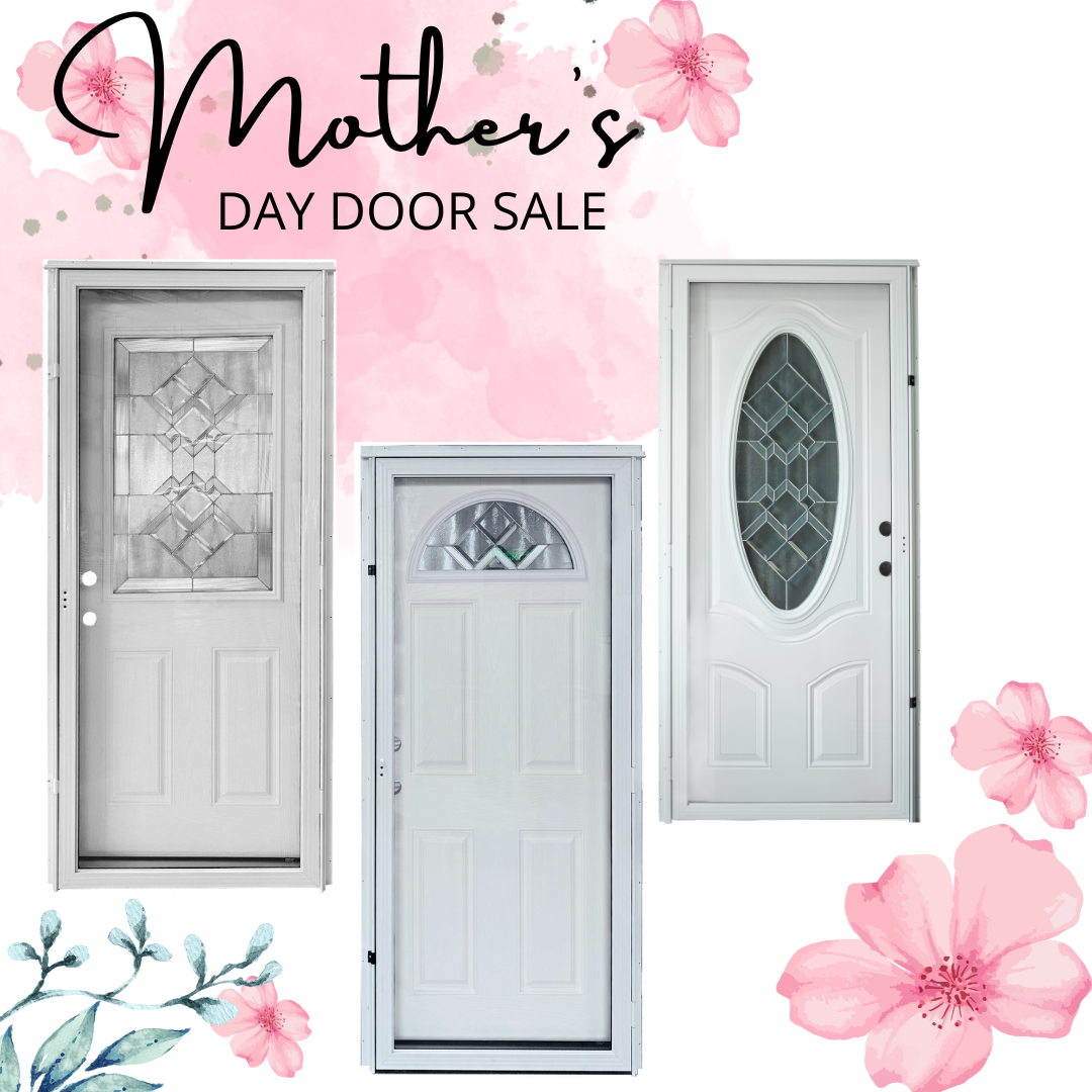 Mother's Day door sale promotion with three white exterior doors and pink floral accents.