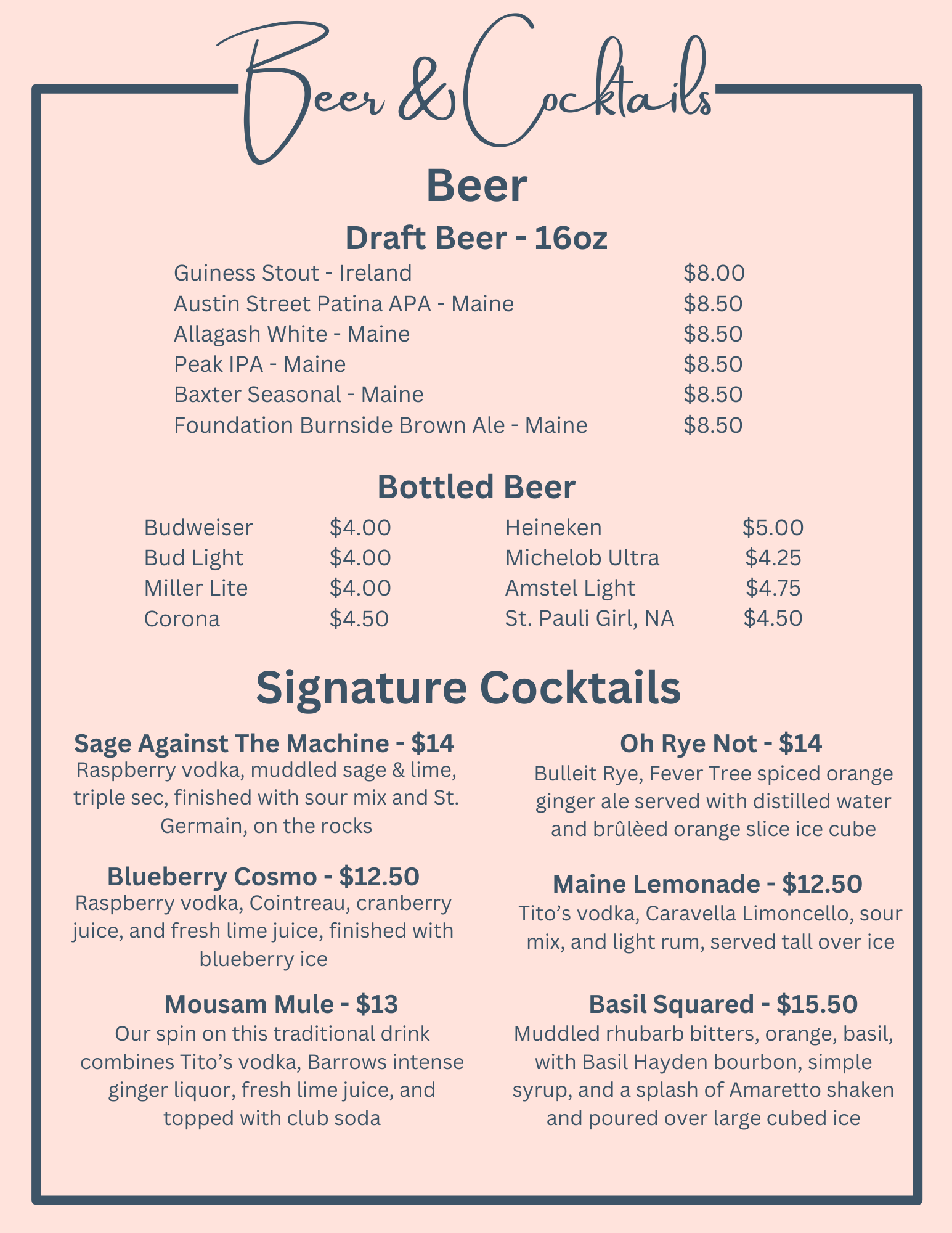 Beer and Cocktails Menu