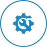 A blue gear icon in a blue circle on a white background.