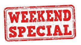 A red stamp with the words `` weekend special '' written inside of it.
