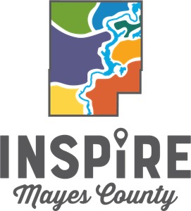 The logo for mayes county is a colorful map of the county.