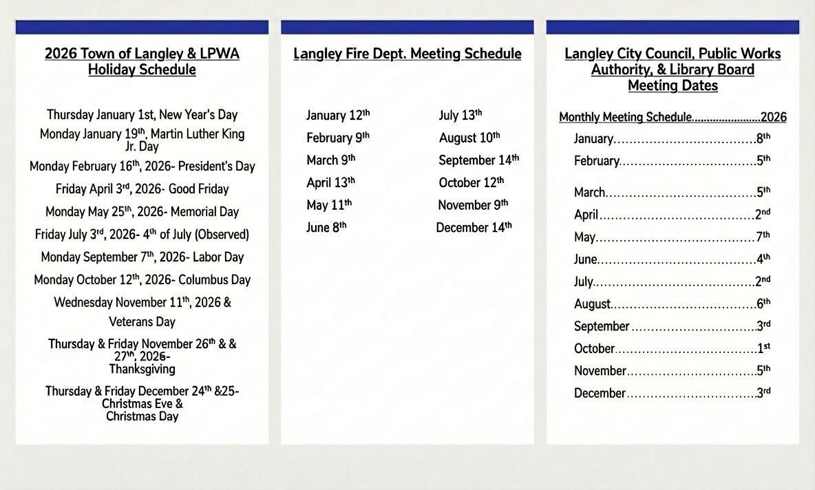 Three lists: 2024 Langley Public Schedule, Langley Fire Dept. Meeting Schedule, and Langley City Council Meeting Dates.