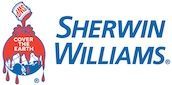 Sherwin-Williams logo: paint can spilling red paint over a globe, with the company name in blue.