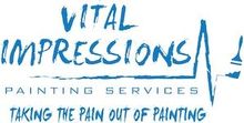 Logo for Vital Impressions Painting Services. Blue text with the tagline "Taking the pain out of painting".