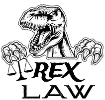 The logo for Rex Law shows roaring dinosaur 