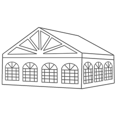Line drawing of a rectangular tent with arched windows and a triangular roof, outdoors.