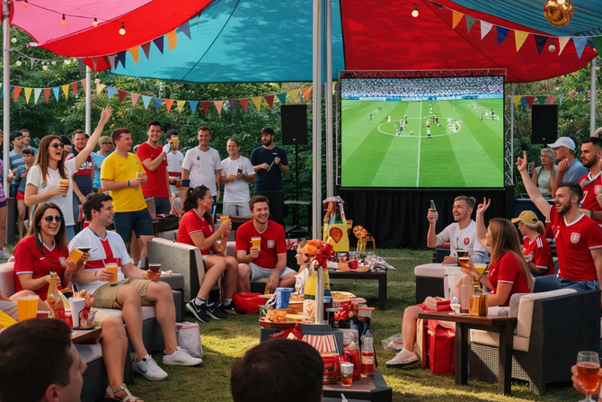 A group of people wearing red and white shirts celebrate while watching a soccer match on a large outdoor screen.