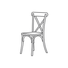 Line drawing of a wooden bistro chair with an X-shaped back.