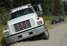 Picture of a white flatbed tow truck assisting a black car that has slid into the ditch