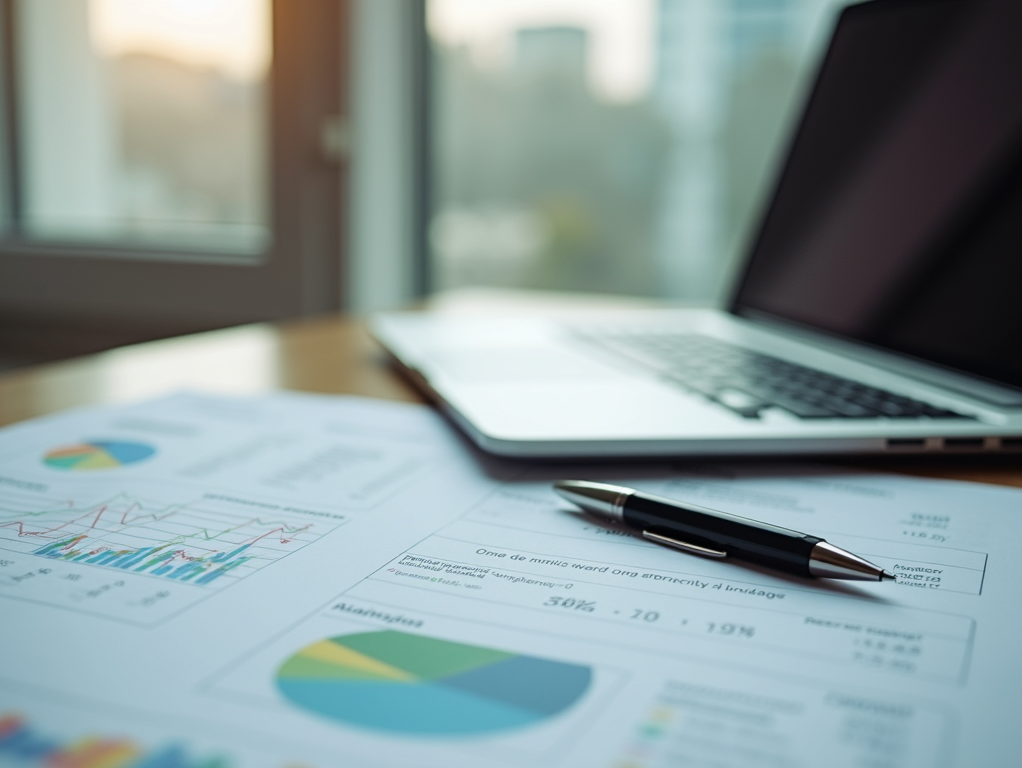 Laptop and financial reports with pen on a desk near a window.