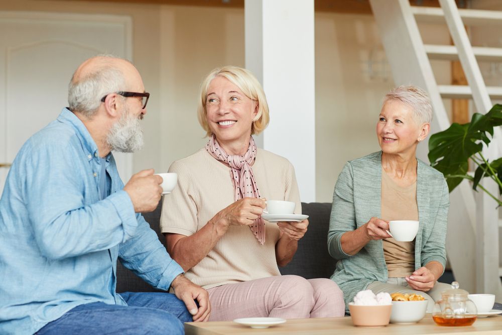 Three people sitting and drinking tea, smiling and conversing in a living room.