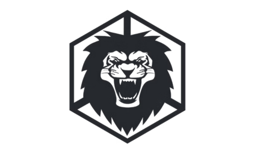 Un logo noir et blanc de crossfit quebec city d'une tête de lion dans un hexagone.