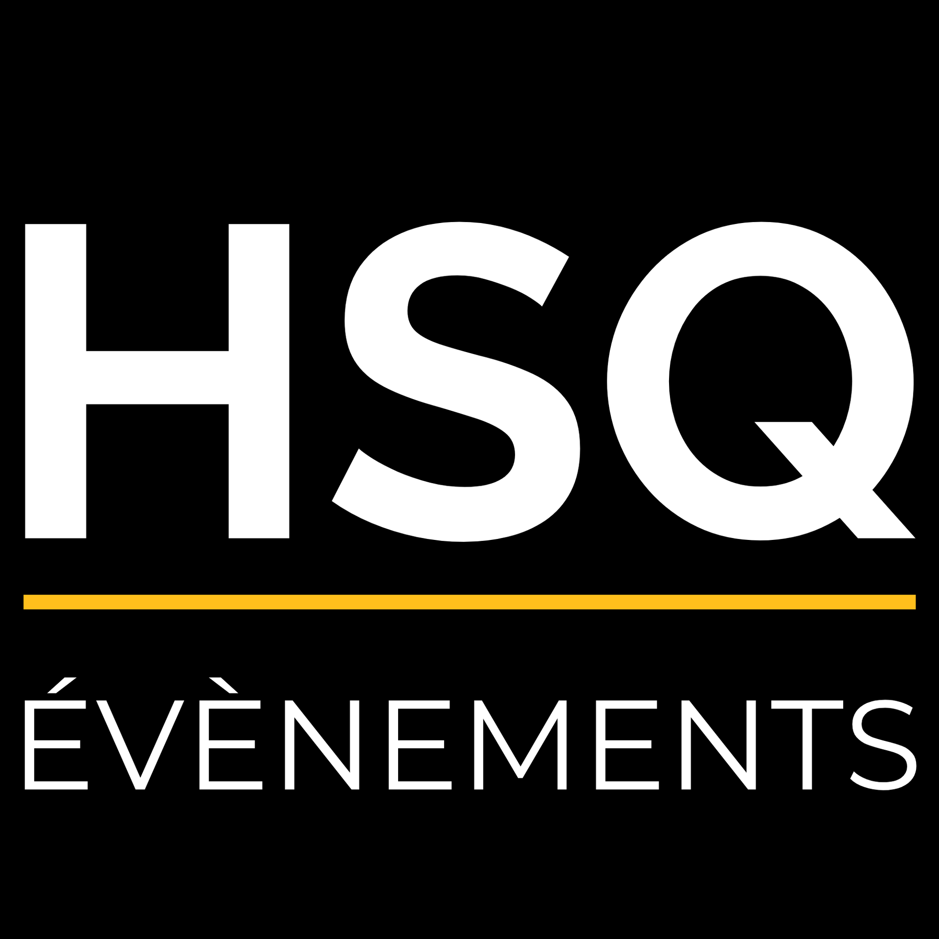 Lettres blanches « HSQ » au-dessus du texte « ÉVÉNEMENTS », séparées par une ligne dorée, sur fond noir.