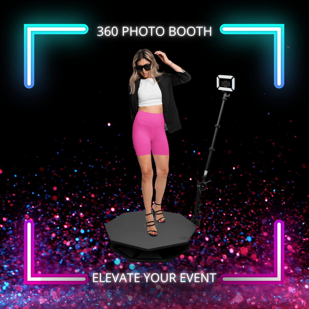 Woman on 360 photo booth platform, wearing pink shorts and blazer. Neon frame in background, event promotion.