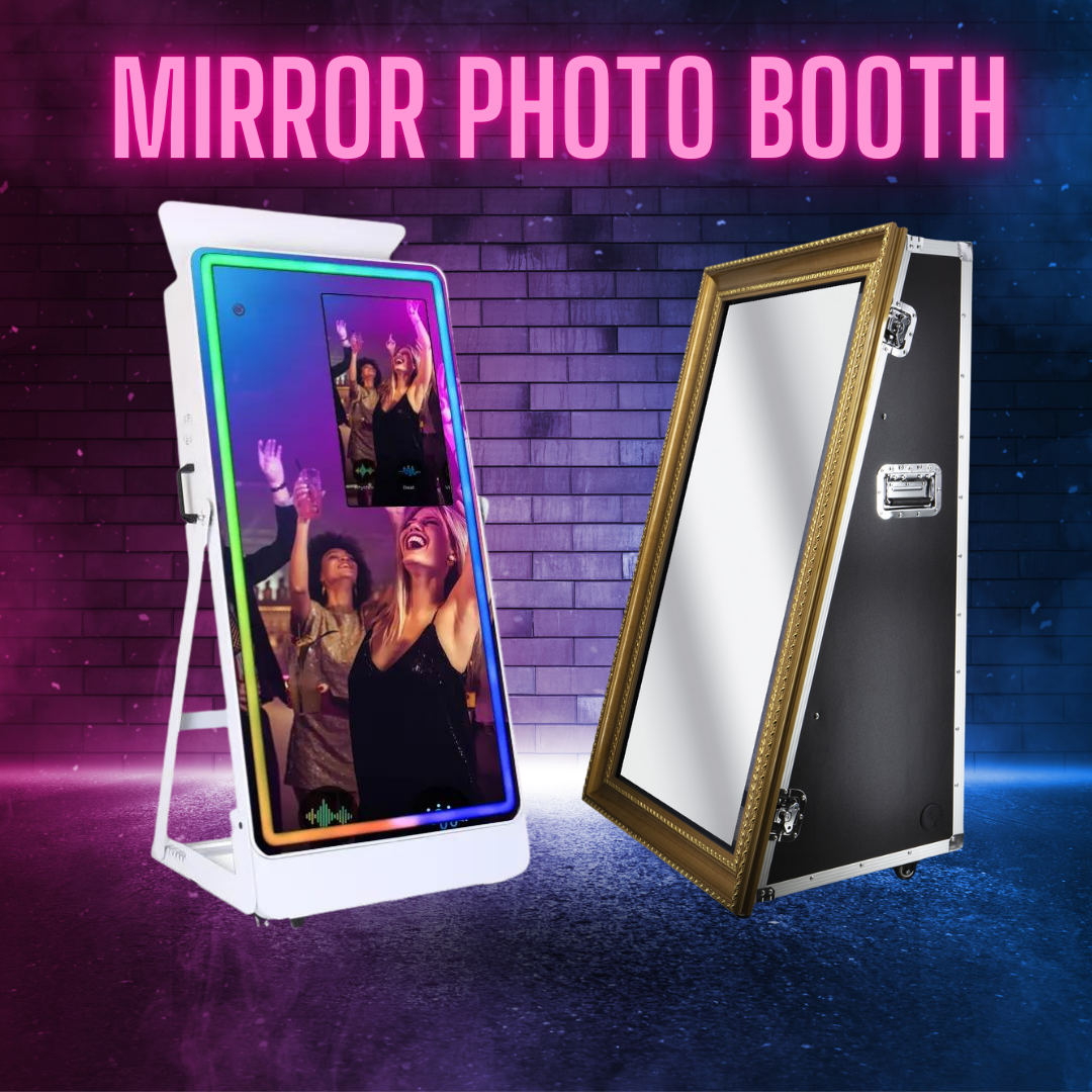 Mirror photo booth equipment with neon sign, showing people, gold frame, and storage case.