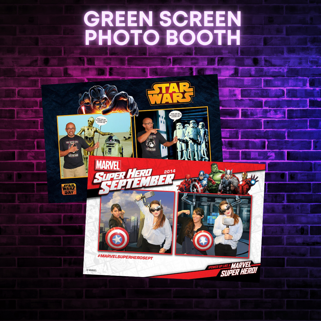 Green screen photo booth sample featuring Star Wars and Marvel themed backgrounds and attendees.