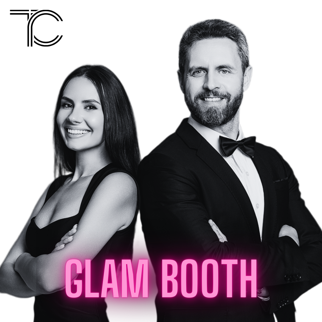 Glam Booth cover art: Woman and man smiling, back to back, with logo and text.