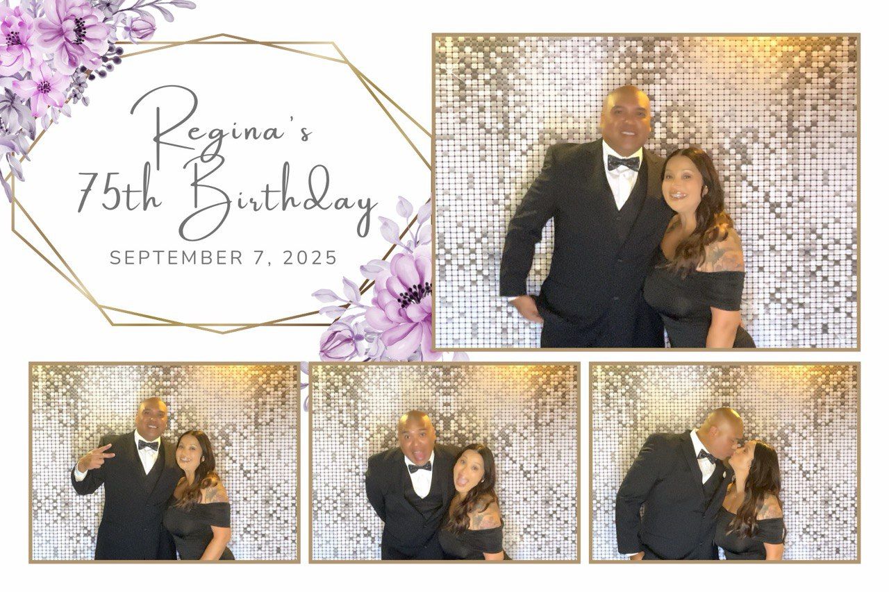 Regina’s 75th birthday collage with a couple posing in front of a glittering backdrop