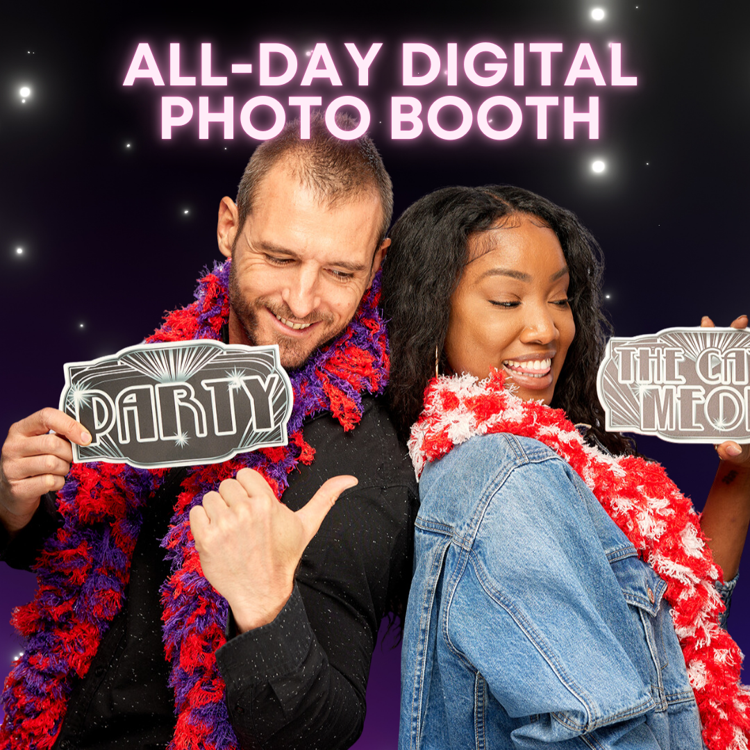 Couple smiling with party props, all-day digital photo booth advertisement. Purple and red accessories, download brochure button.