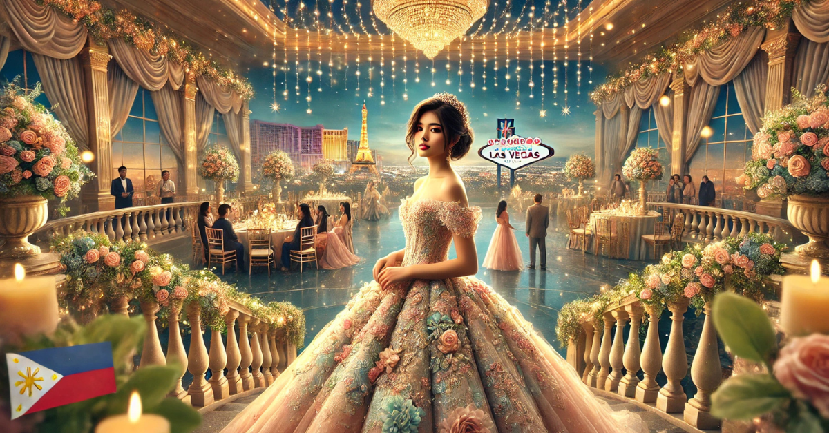 A woman in a wedding dress is standing in a ballroom surrounded by candles and flowers.