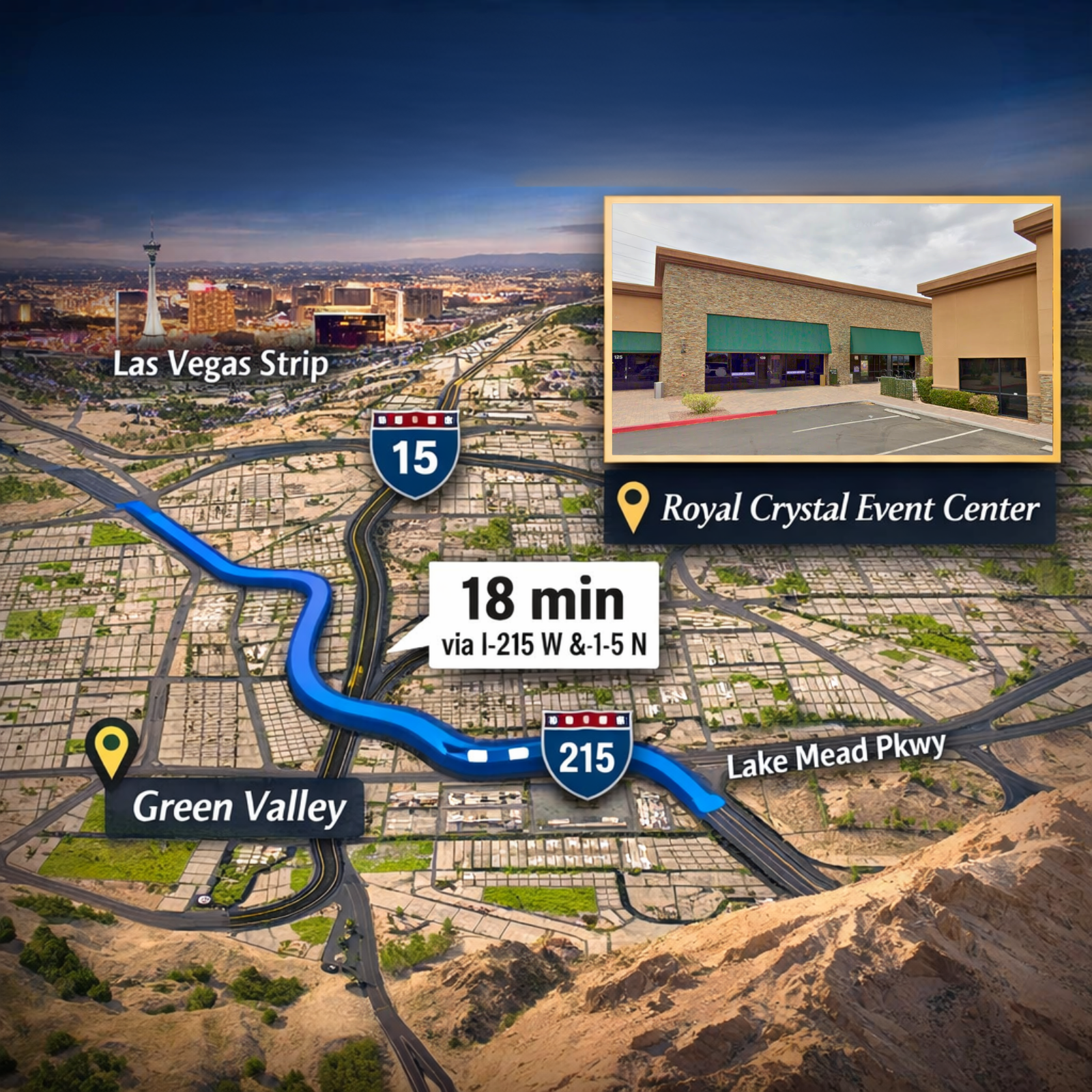 A map of Las Vegas, Nevada, with a red dashed line connecting a point in the west to a location near the airport.