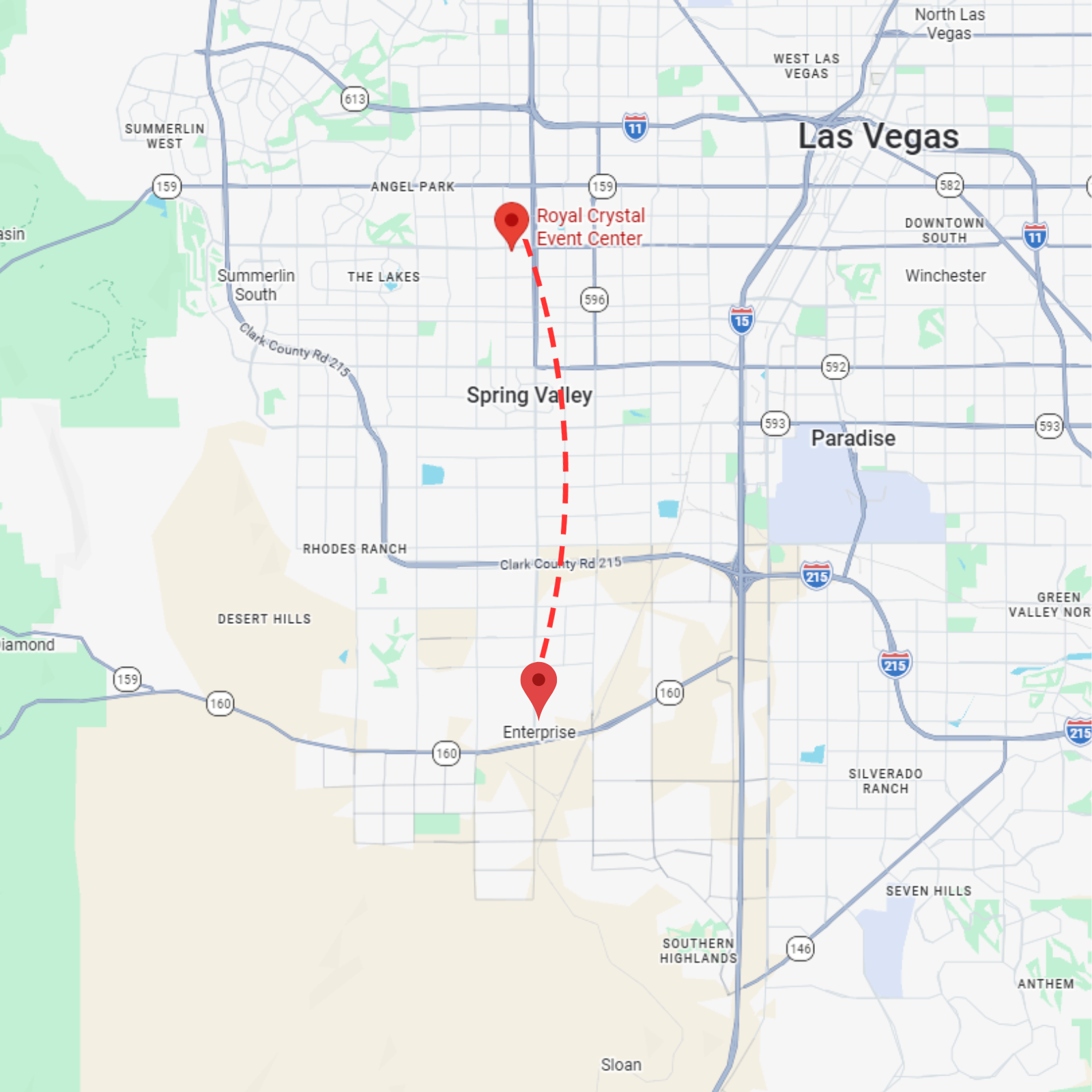 A map of Las Vegas, Nevada, with a red dashed line connecting a point in the west to a location near the airport.