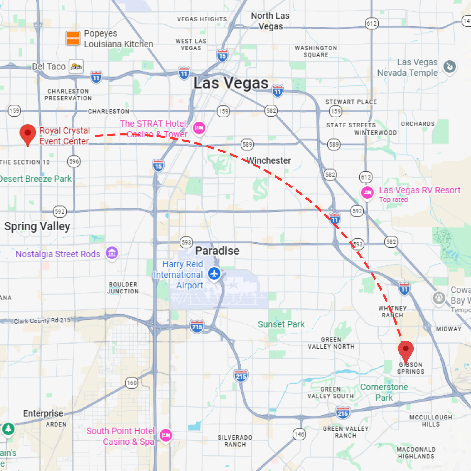 A map of Las Vegas, Nevada, with a red dashed line connecting a point in the west to a location near the airport.