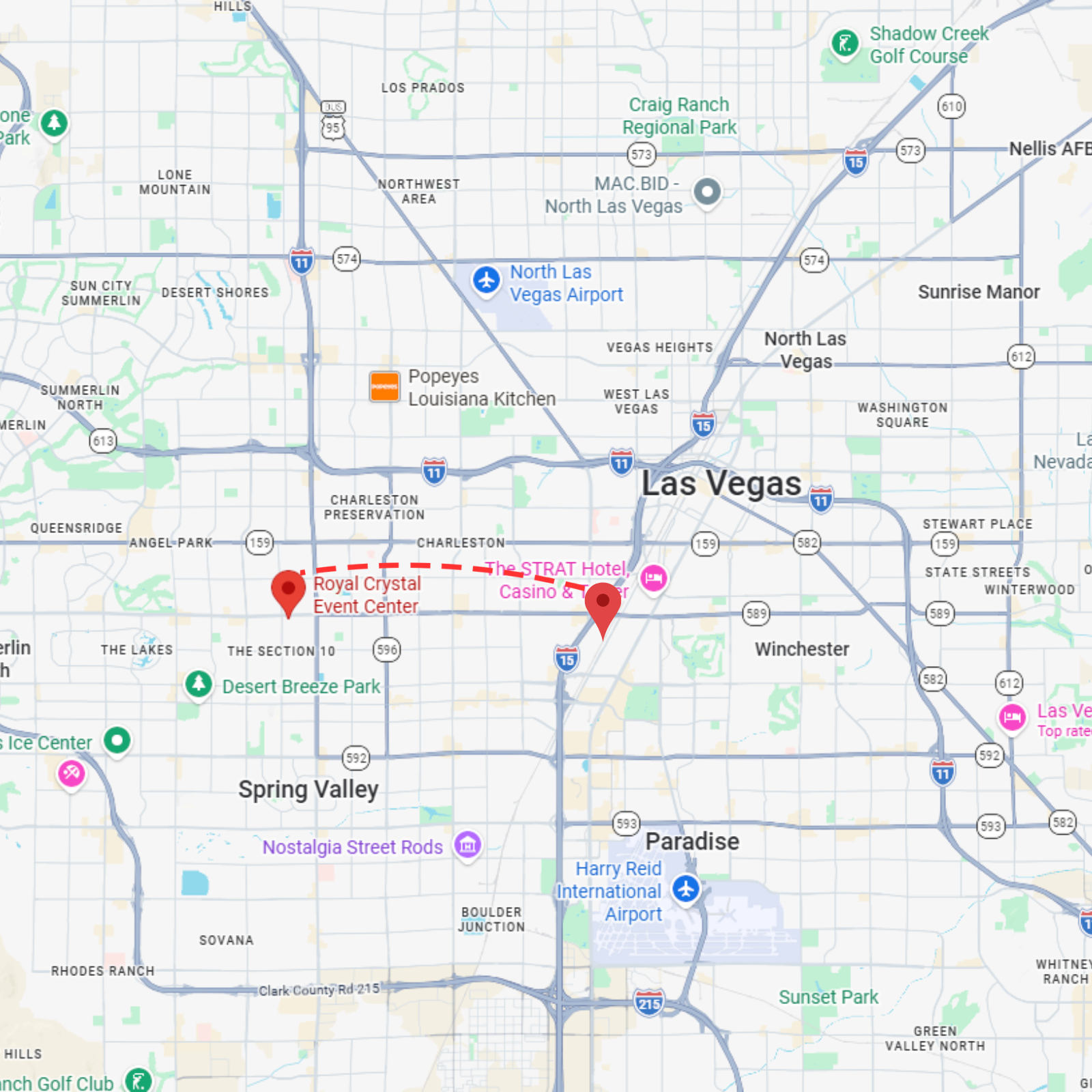 A map of Las Vegas, Nevada, with a red dashed line connecting a point in the west to a location near the airport.